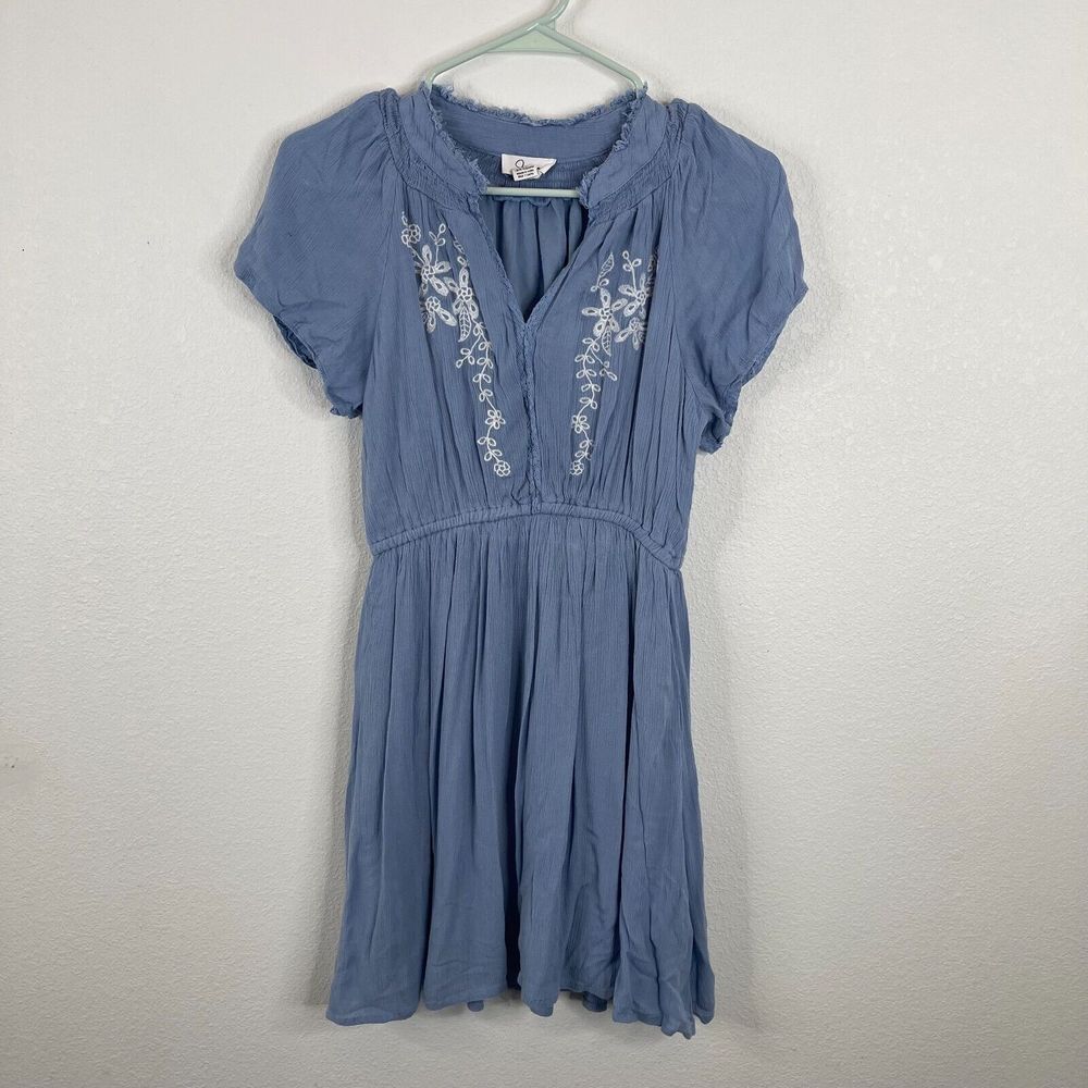 Japna Womens Chambray Like Dress Size S Blue‎ Floral Soft Raw Hem Short Sleeve